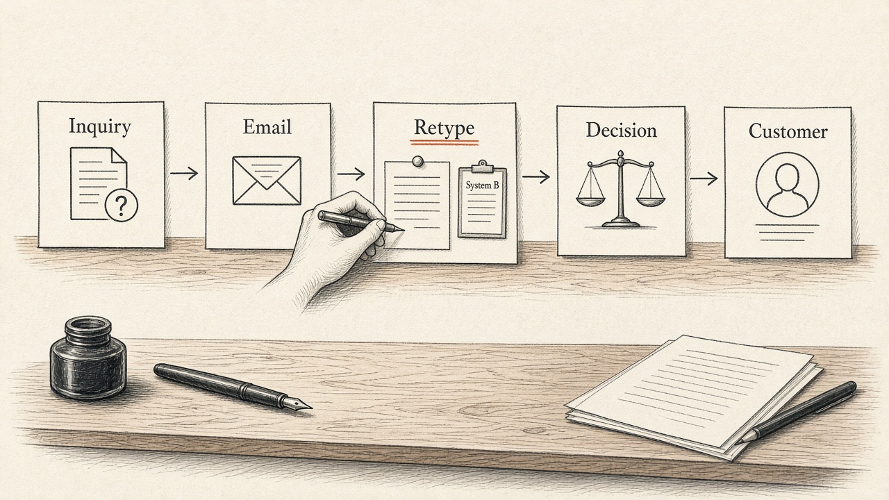 Workshop diagram of Inquiry to Email to Retype to Decision to Customer, with Retype underlined as the bottleneck between systems.