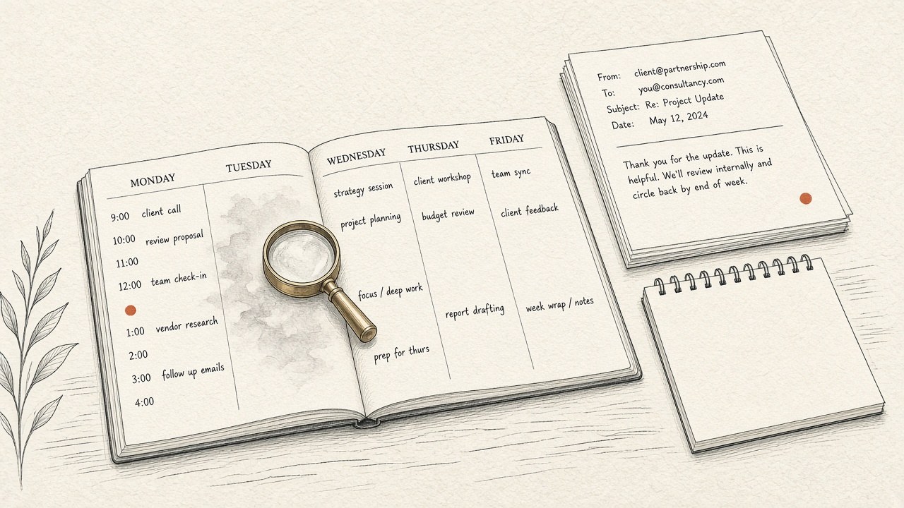 Editorial illustration of a weekly planner on a cream desk; Tuesday morning fades under a brass loupe while the rest of the week stays clear.