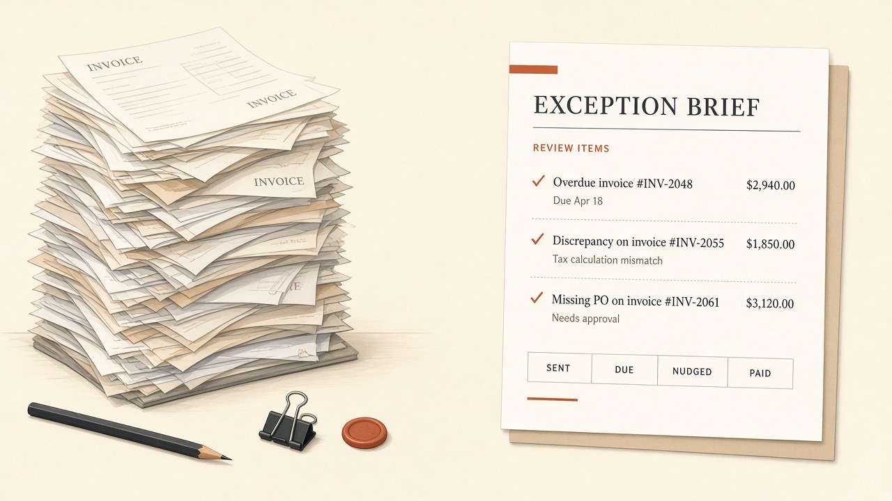 Illustration of a tall invoice stack on the left and a short exception brief on the right with Sent, Due, Nudged, and Paid status labels.